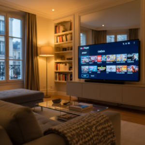 Interface hot player affichant la grille de chaînes IPTV sur un téléviseur dans un salon en 2026