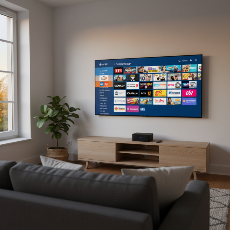 Interface d'un abonnement iptv affichée sur un grand écran TV dans un salon moderne avec guide des programmes