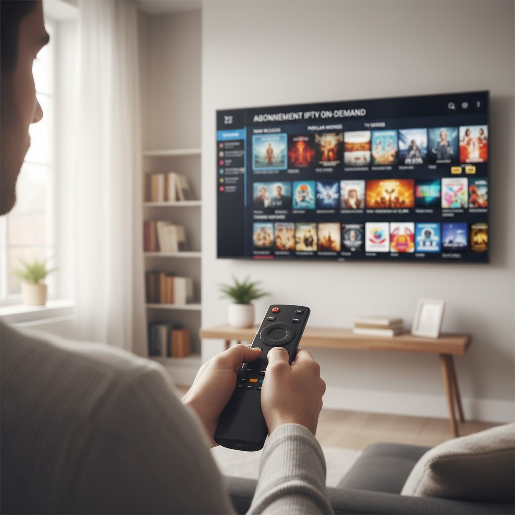 Bibliothèque VOD d'un abonnement iptv visible sur un écran TV avec badges HD et 4K sur les vignettes de films