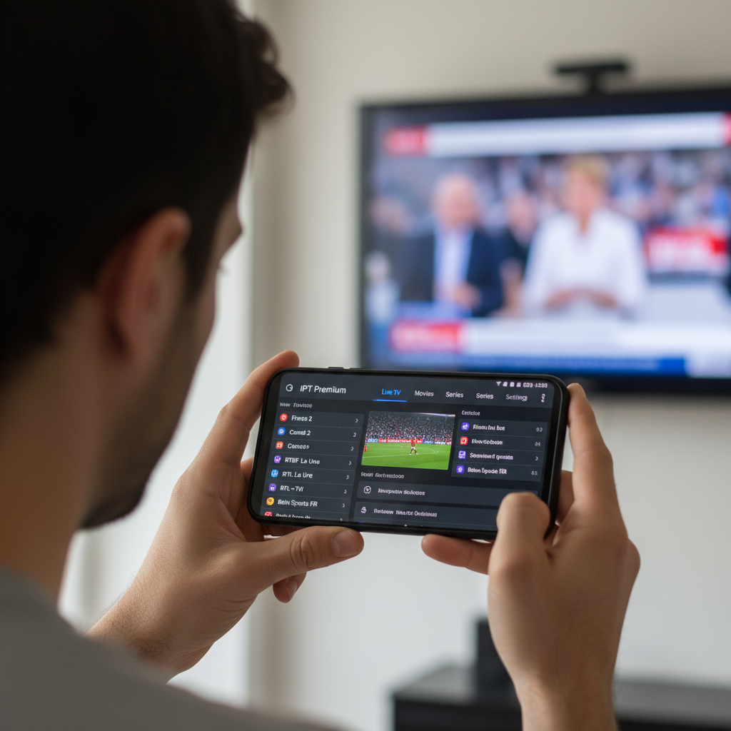 Application iptv premium sur smartphone Android montrant la liste des chaînes francophones dans une interface sombre