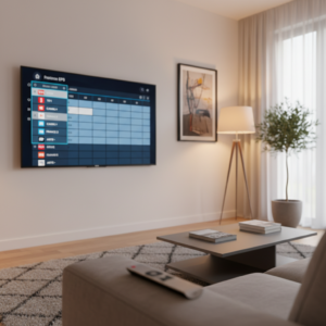 Interface france iptv affichée sur un téléviseur dans un salon français avec guide des programmes EPG