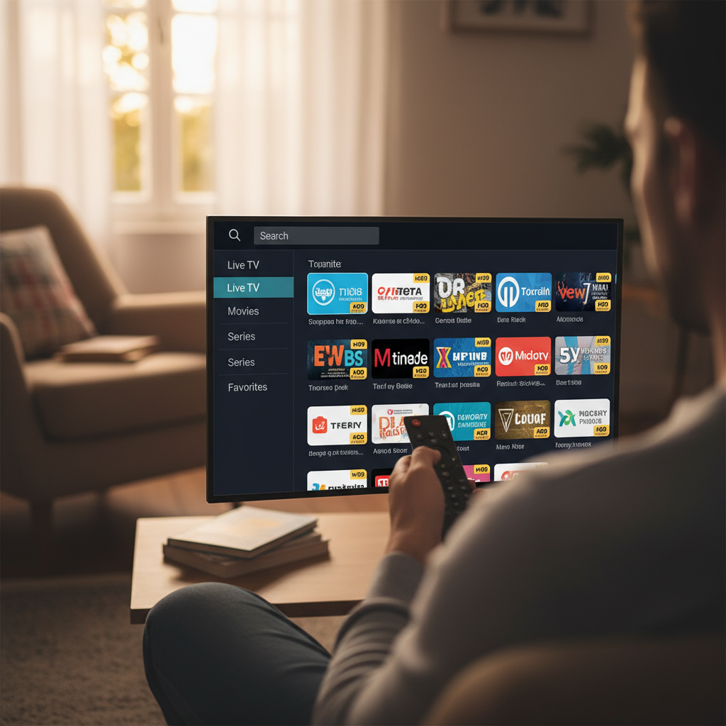 Configuration d'une application france iptv sur Android TV avec tableau de bord sombre et liste de chaînes