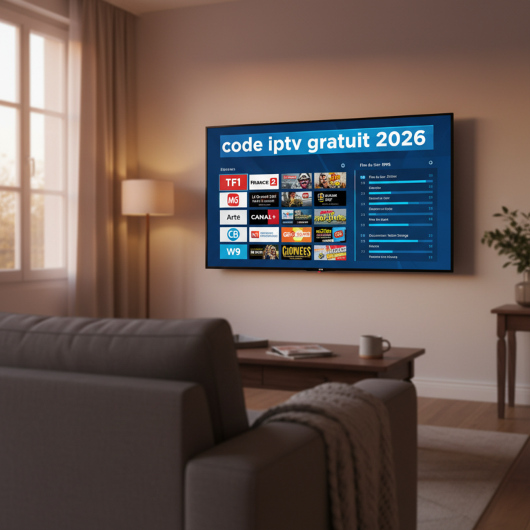 Interface de grille de chaînes IPTV sur un téléviseur connecté illustrant le code iptv gratuit 2026 en salon