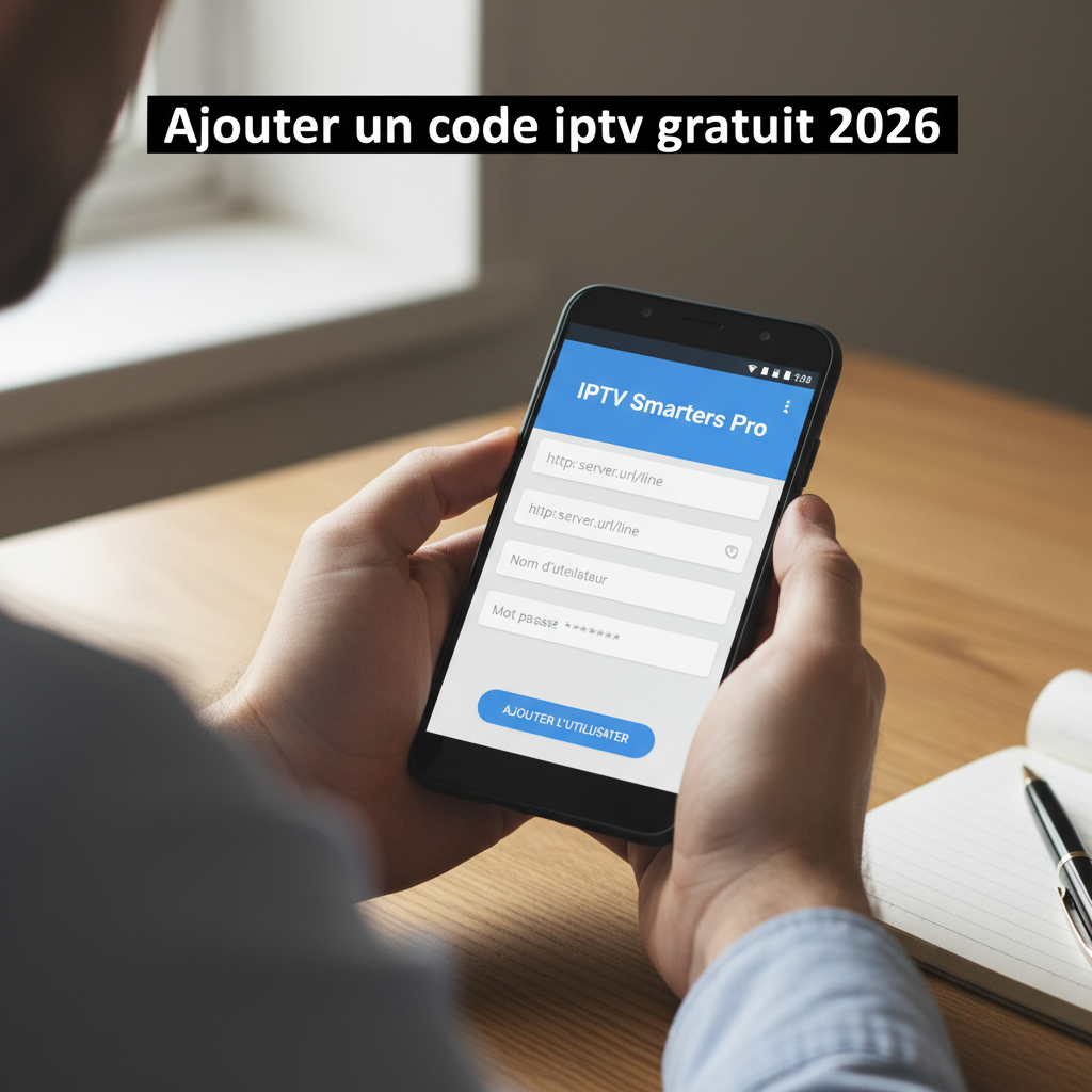 Écran de configuration d'application IPTV sur smartphone montrant la saisie d'un code iptv gratuit 2026 avec champs serveur e