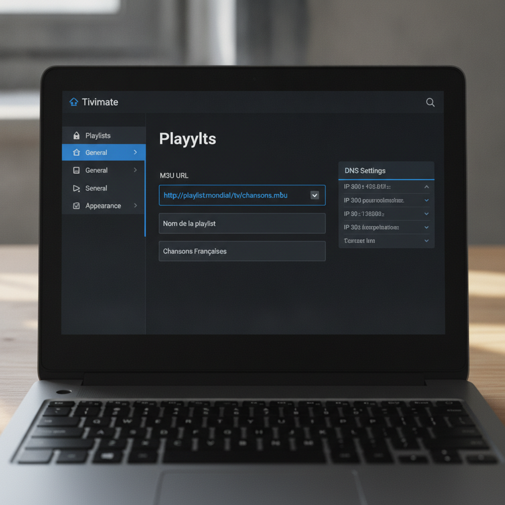 Écran de setting iptv dans le panneau de configuration Tivimate avec champ URL M3U et paramètres DNS