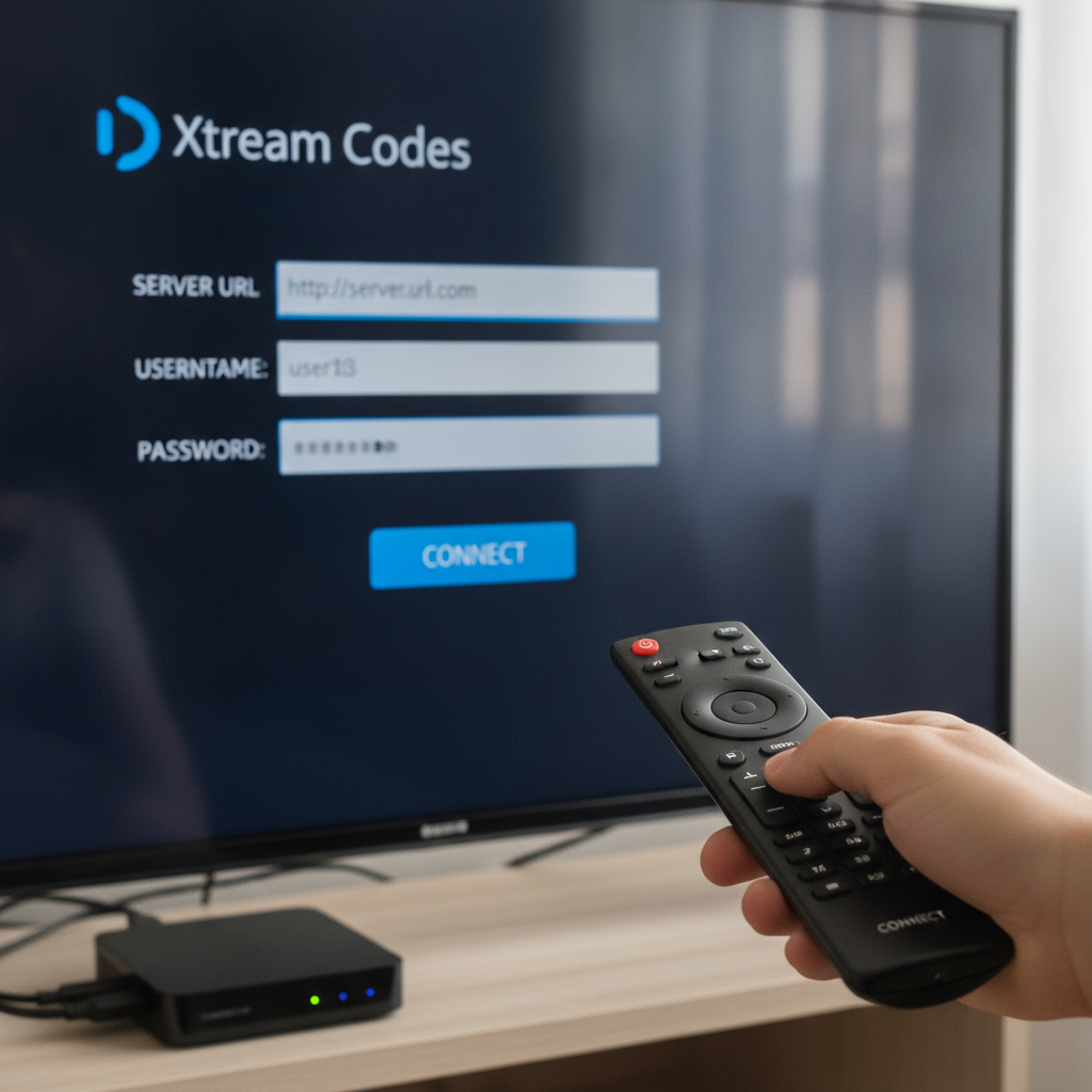 Décodeur IPTV avec code en cours de configuration via l'interface Xtream Codes sur écran de télévision