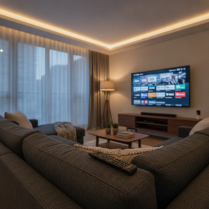 Interface iptv free trial affichant une grille de chaînes françaises et belges sur un téléviseur dans un salon