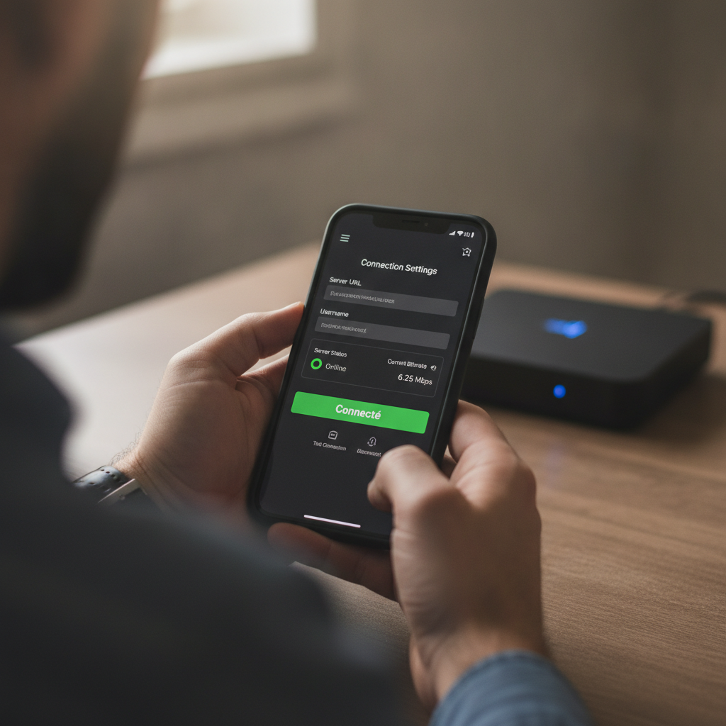 Écran de configuration d'un iptv free trial sur smartphone avec indicateurs de débit et statut de connexion
