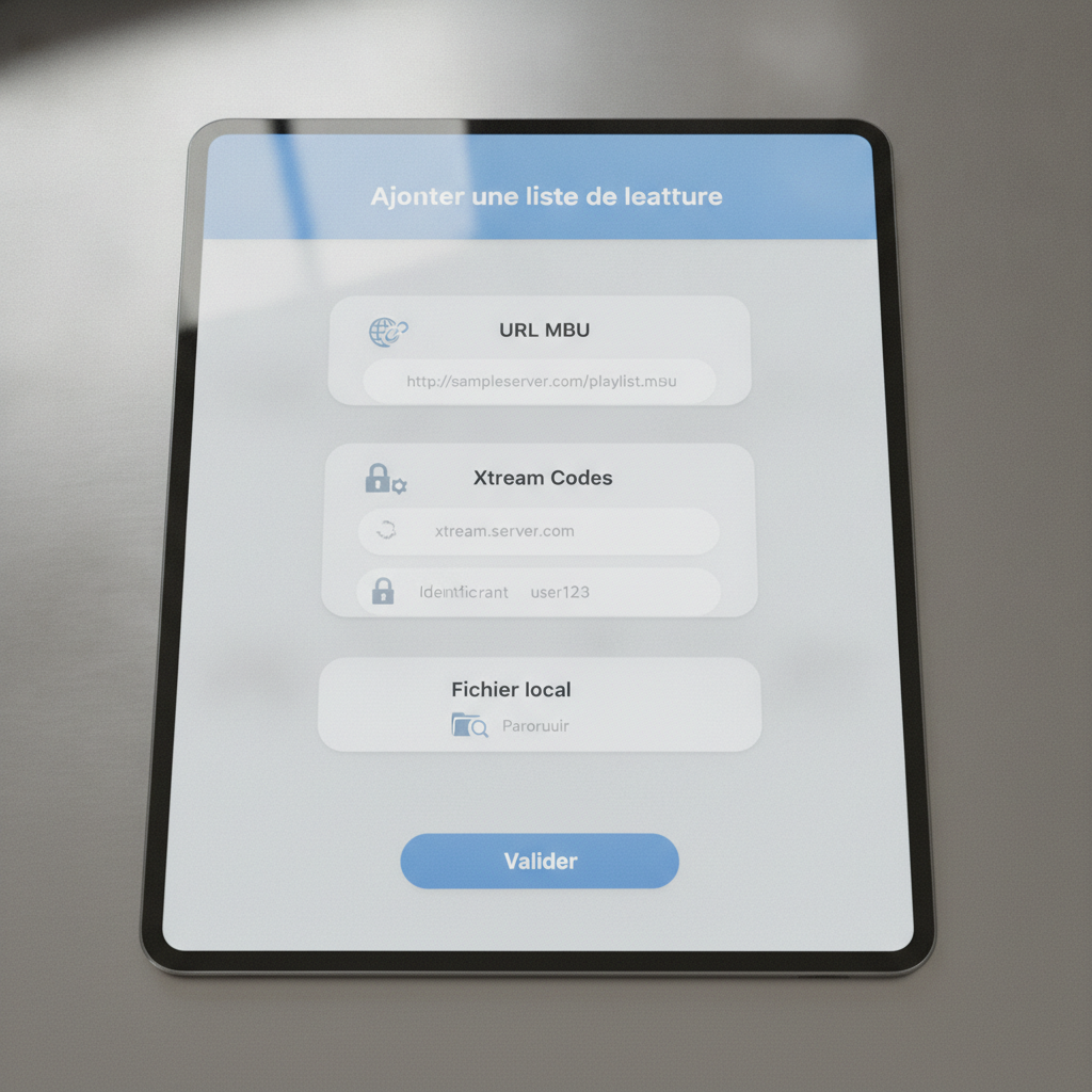 Écran de configuration du tvmate iptv player pour ajouter une playlist M3U ou des identifiants Xtream Codes