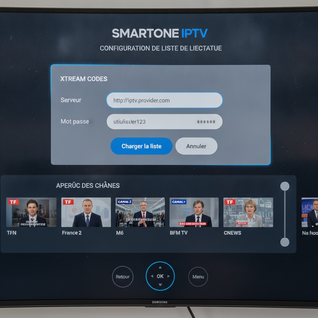 Écran de configuration smartone iptv sur Samsung Smart TV avec formulaire Xtream Codes et aperçu de la grille des chaînes