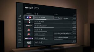 Interface xenon iptv sur Android TV avec grille de chaînes et guide EPG en thème sombre