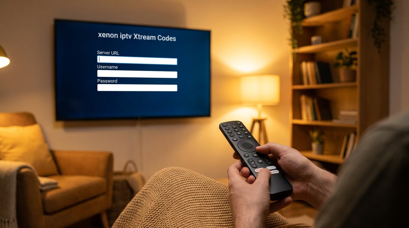 Écran de configuration xenon iptv avec saisie des codes Xtream sur téléviseur Android, télécommande en main