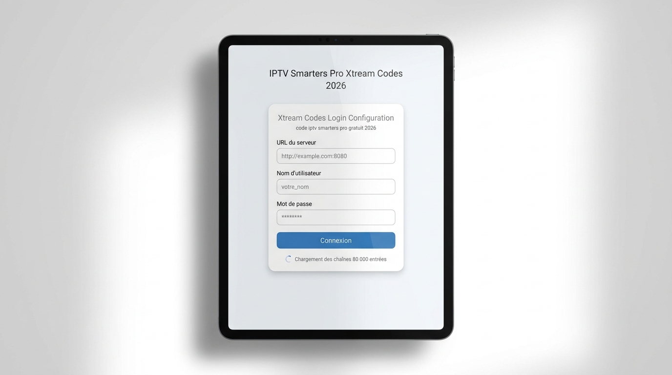 Écran de configuration Xtream Codes de IPTV Smarters Pro illustrant la saisie du code iptv smarters pro gratuit 2026