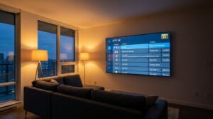 Interface iptv 4k affichée sur un téléviseur Smart TV avec le guide EPG des chaînes françaises en Ultra HD