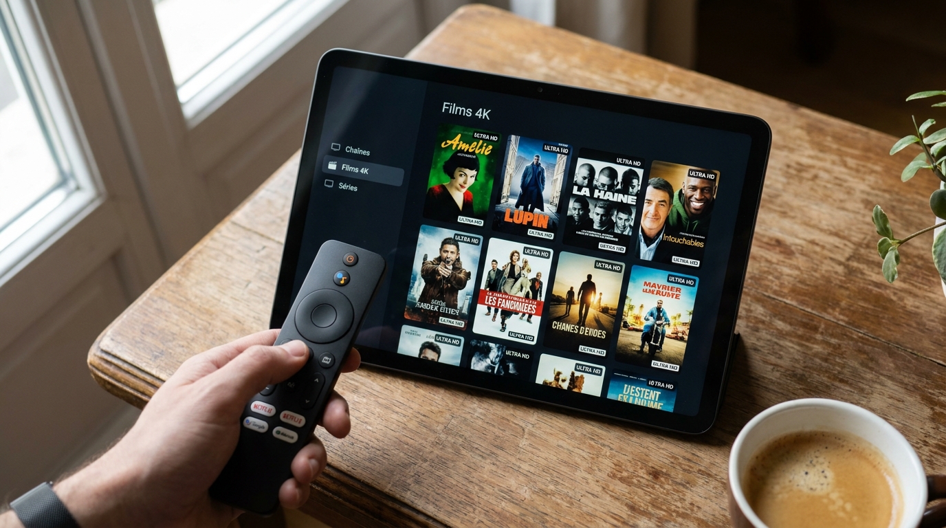 Application iptv 4k sur tablette Android montrant la bibliothèque VOD de films en résolution 4K Ultra HD