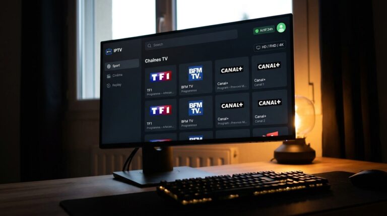 Interface d'un test iptv sur écran large avec grille de chaînes françaises et indicateur de qualité HD/4K