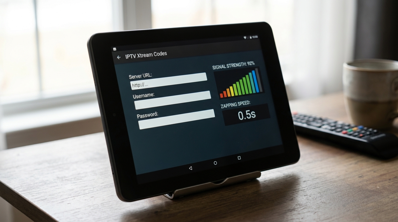 Écran de configuration test iptv Xtream Codes sur tablette avec champs identifiants et indicateur de stabilité du flux