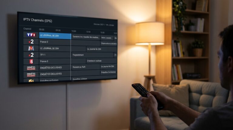Interface d'un fournisseur iptv affichant un guide des programmes en français sur un téléviseur moderne dans un salon