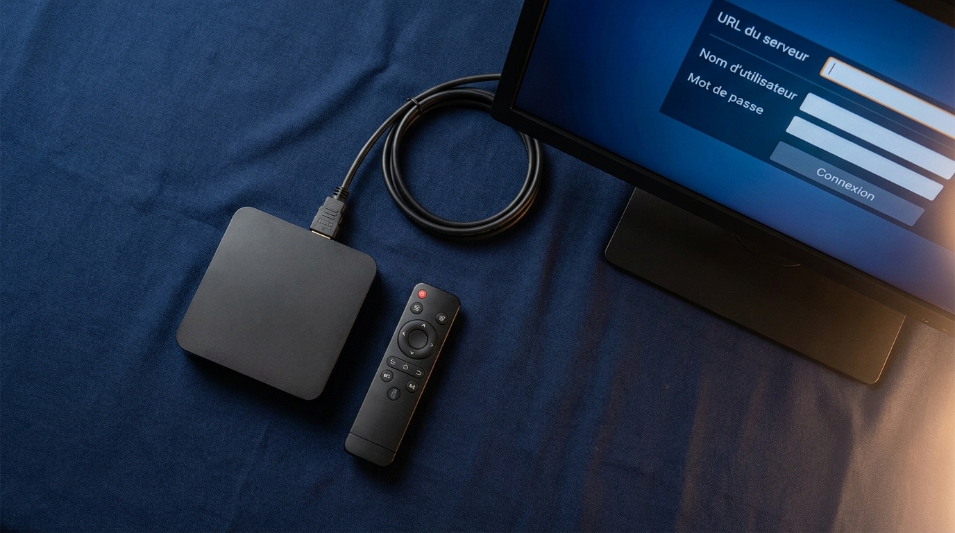Boîtier Android connecté à un écran montrant la configuration d'un fournisseur iptv via Xtream Codes