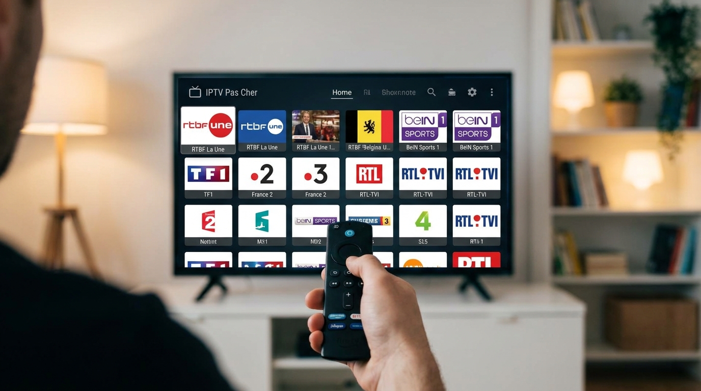 Télécommande Fire TV Stick devant un écran affichant une sélection de chaînes iptv pas cher incluant RTBF et BeIN Sports