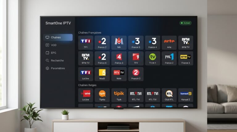 smarter one iptv tableau de bord principal avec grille de chaînes et panneau de catégories sur Android
