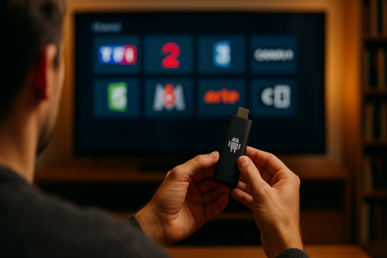 Paramétrage d'une cle iptv sur un stick HDMI Android branché sur un téléviseur avec grille de chaînes françaises