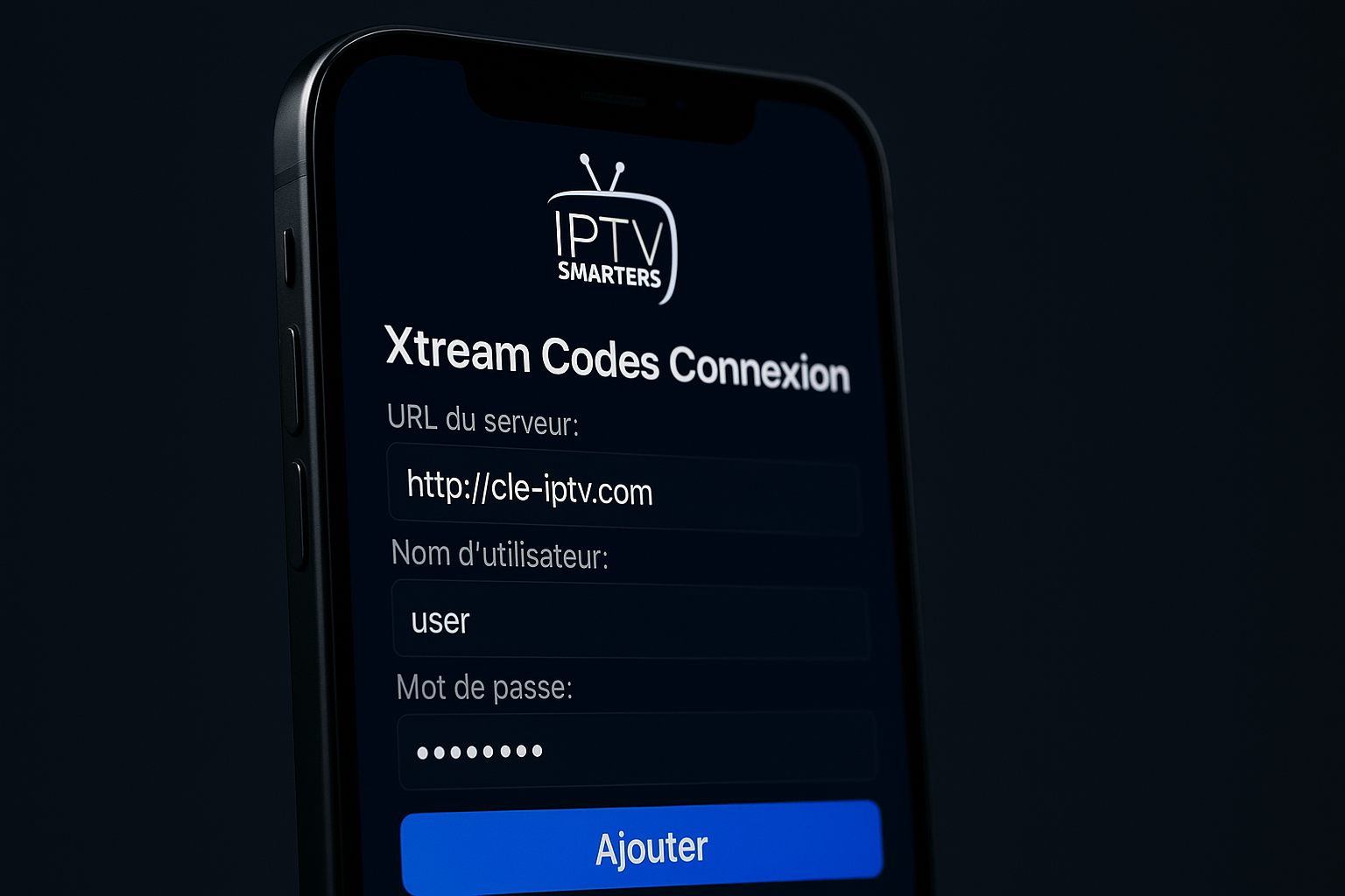 Écran de configuration cle iptv dans l'application IPTV Smarters avec les champs Xtream Codes visibles