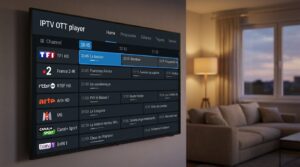 Interface iptv ott sur Smart TV affichant un guide des programmes en français avec chaînes HD et 4K