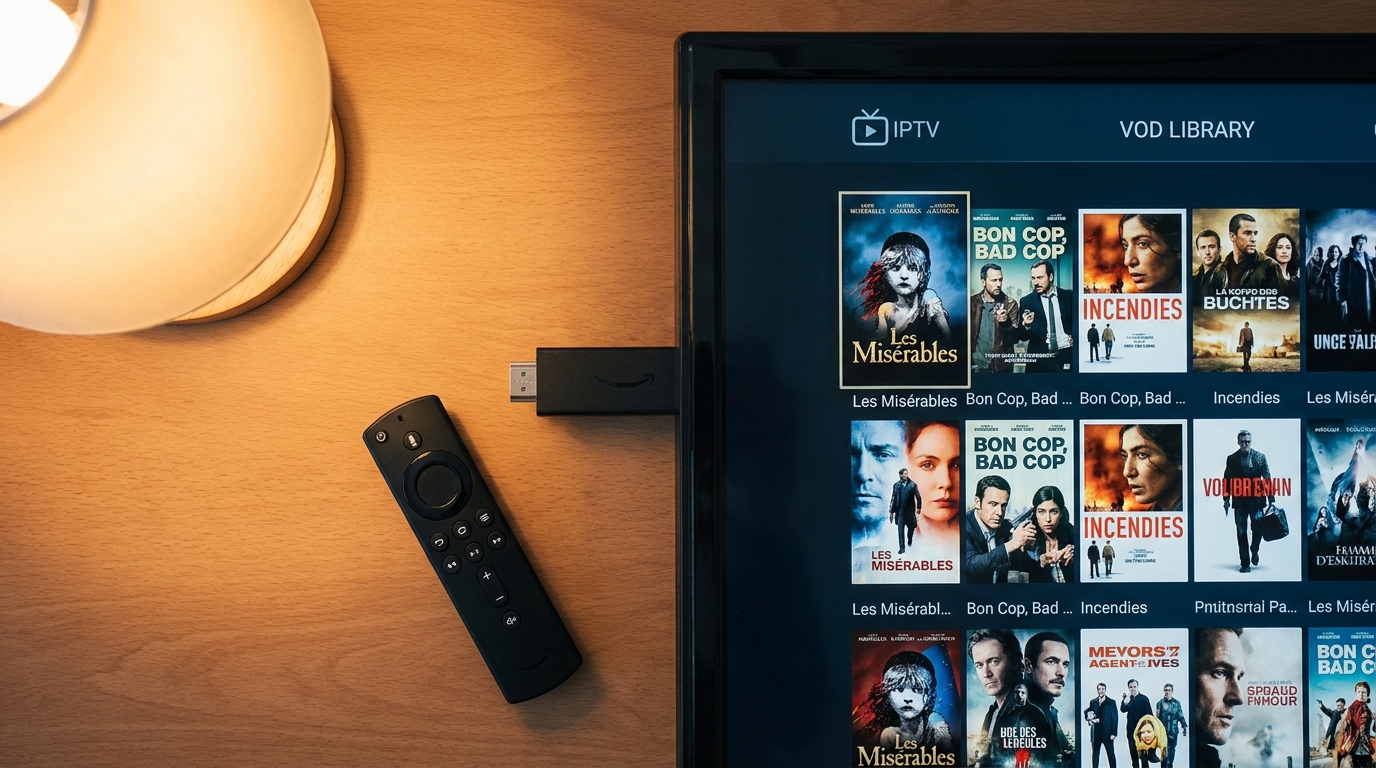 Fire TV Stick avec application iptv ott ouverte sur une bibliothèque VOD de films français et canadiens