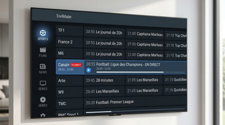 Meilleur appli iptv TiviMate Premium interface EPG sur Android TV avec grille de chaînes françaises en direct