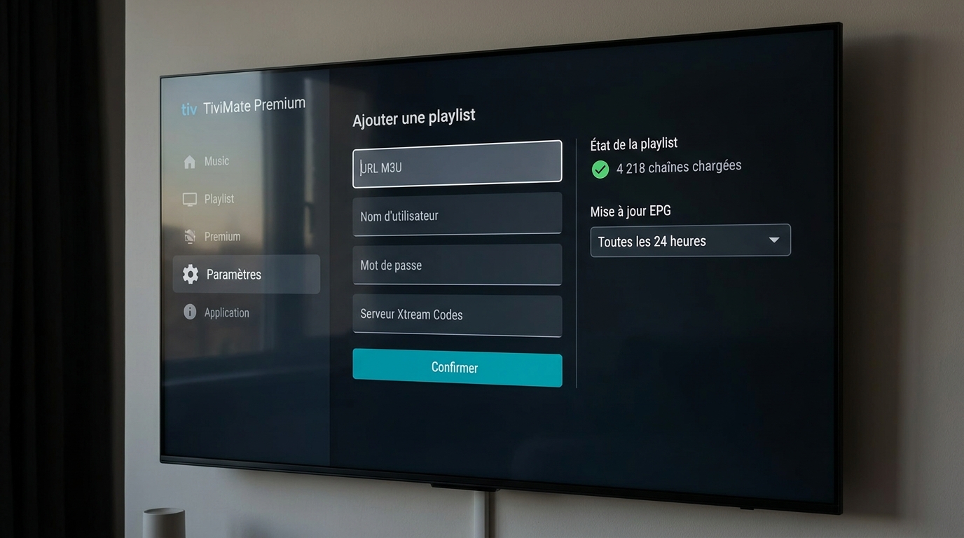 Meilleur appli iptv écran de configuration Xtream Codes dans TiviMate avec formulaire d'ajout de playlist