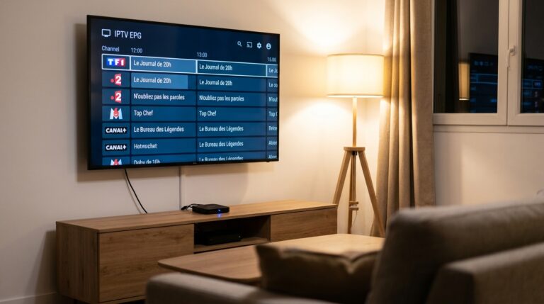 Interface ott iptv affichée sur un téléviseur avec grille de chaînes françaises et guide des programmes