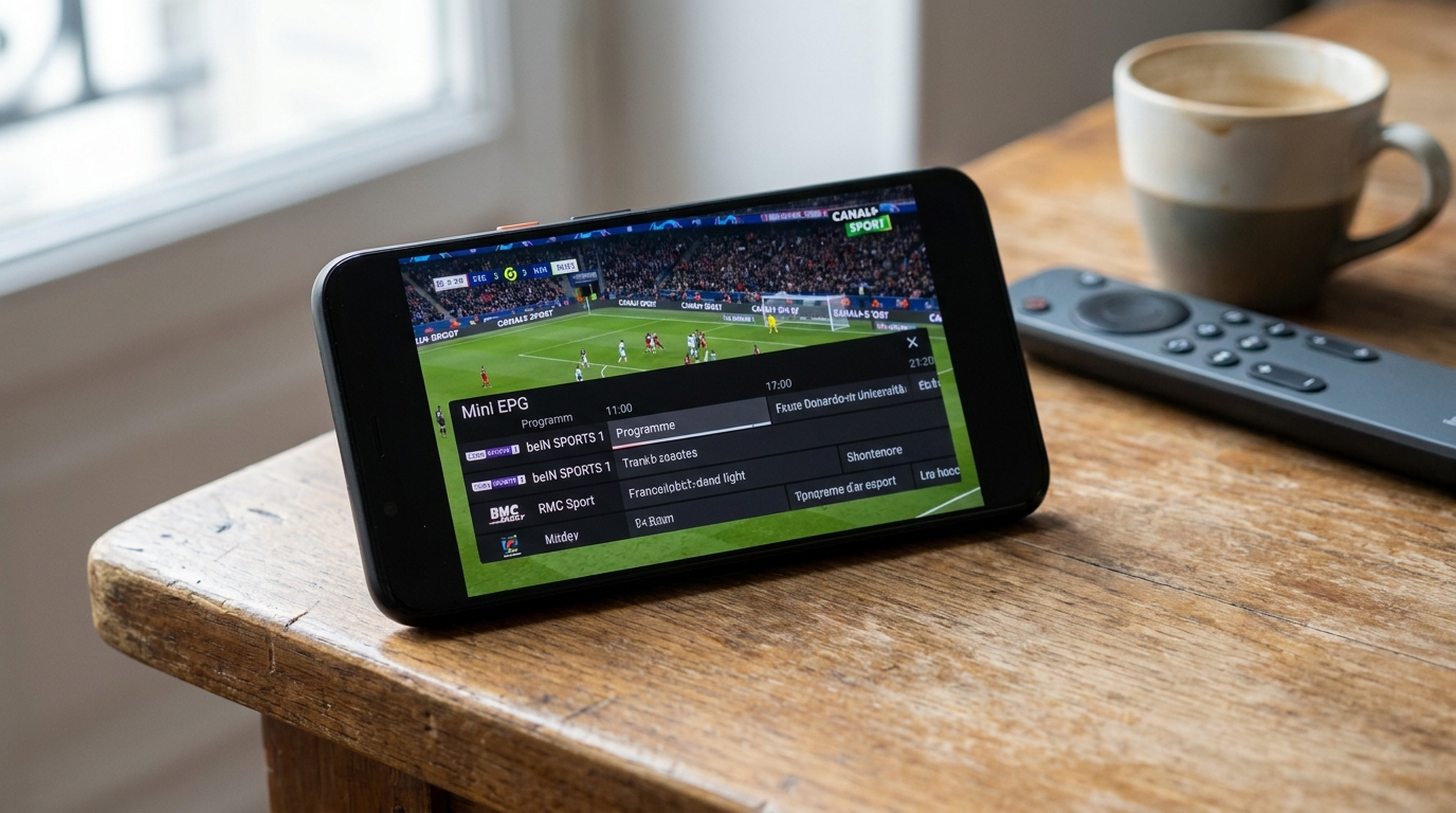 Application ott iptv en mode sombre sur smartphone avec lecteur de chaîne sportive et superposition EPG