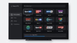 Interface principale de room iptv affichant la grille de chaînes en direct sur Android TV avec barre latérale de catégories