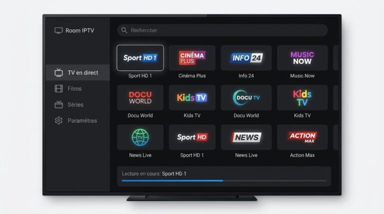 Interface principale de room iptv affichant la grille de chaînes en direct sur Android TV avec barre latérale de catégories
