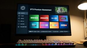 Interface d'un abonnement iptv premium sur grand écran avec grille de chaînes HD et guide des programmes