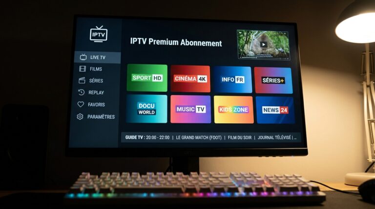 Interface d'un abonnement iptv premium sur grand écran avec grille de chaînes HD et guide des programmes