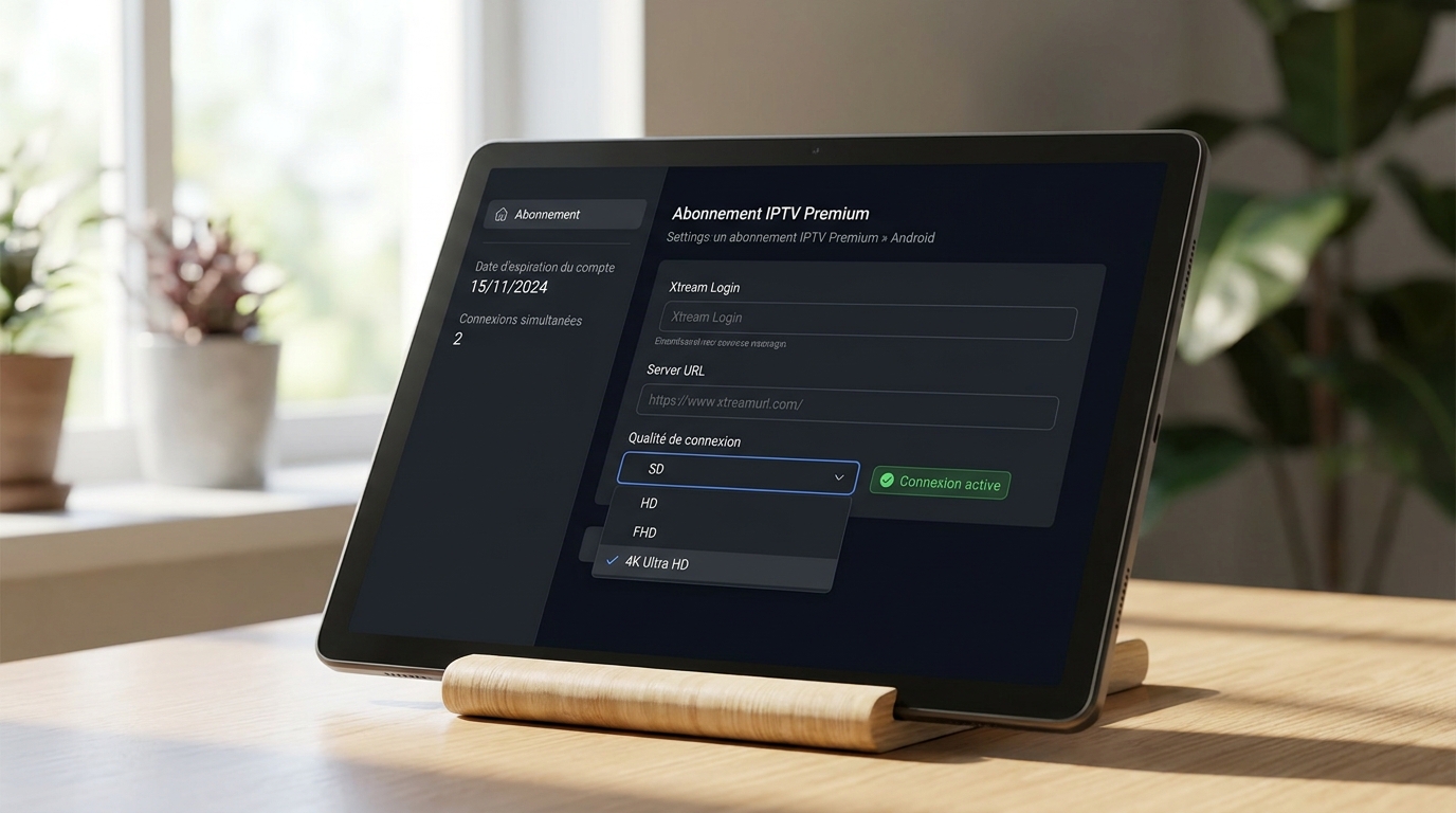 Écran de configuration d'un abonnement iptv premium sur tablette Android montrant les paramètres Xtream Codes et la qualité 4