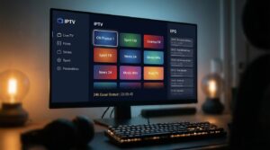 Interface de service pour iptv tester gratuitement affichant une grille de chaînes live sur moniteur en mode sombre