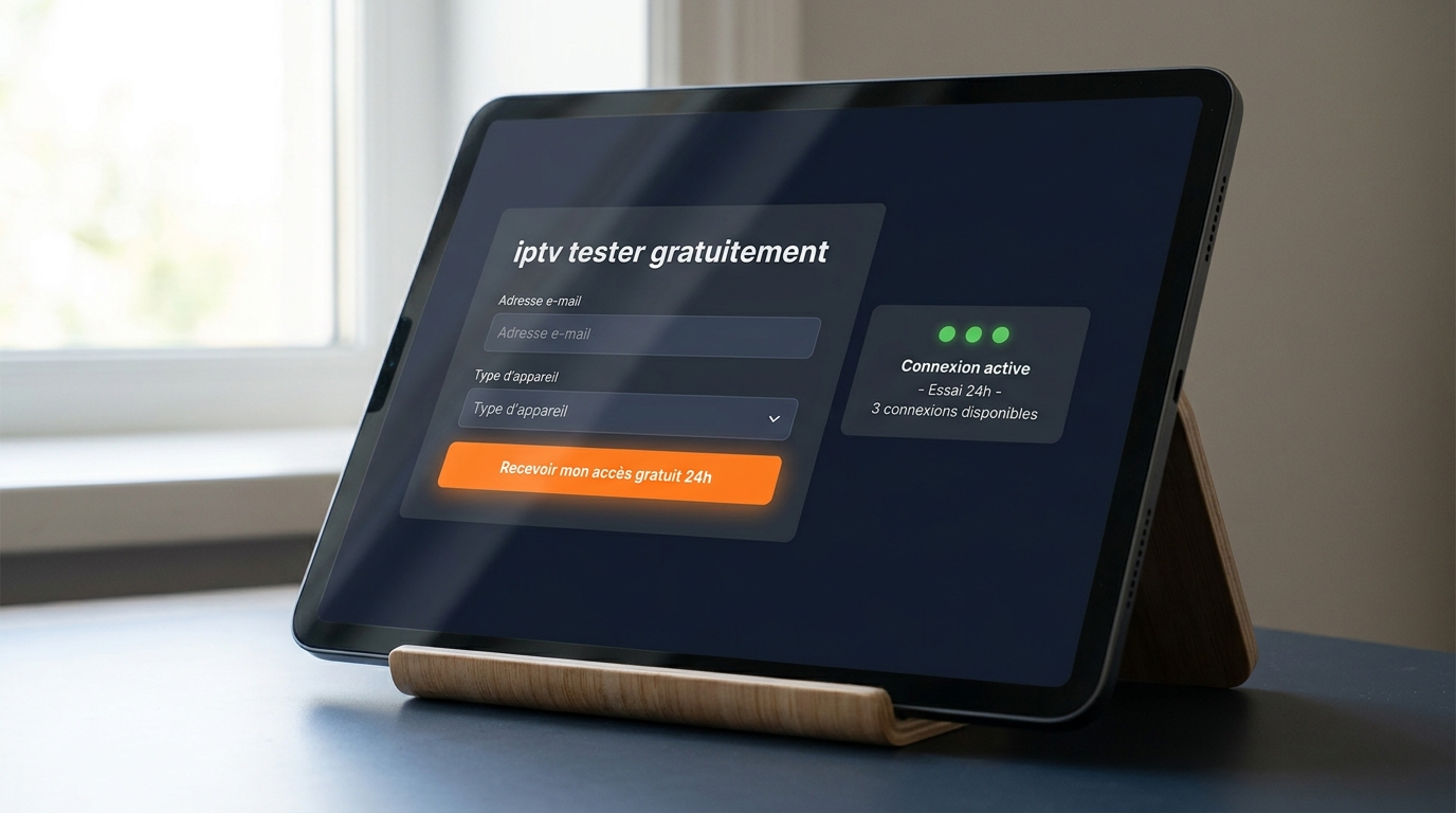 Écran d'activation pour iptv tester gratuitement avec formulaire d'essai 24h et panneau de statut de connexion