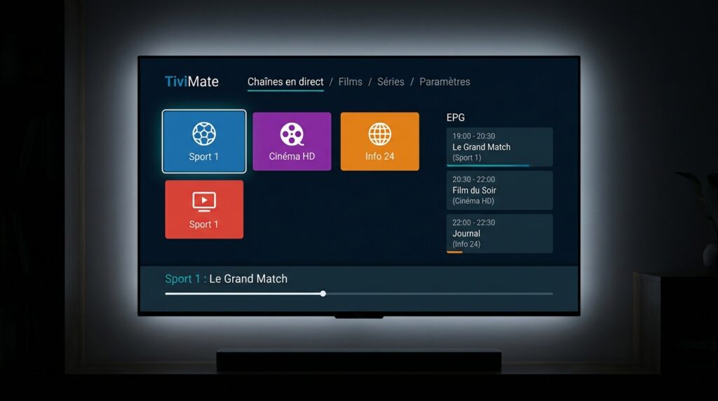 Interface principale de la meilleure application iptv TiviMate avec grille de chaînes et guide EPG sur Android TV