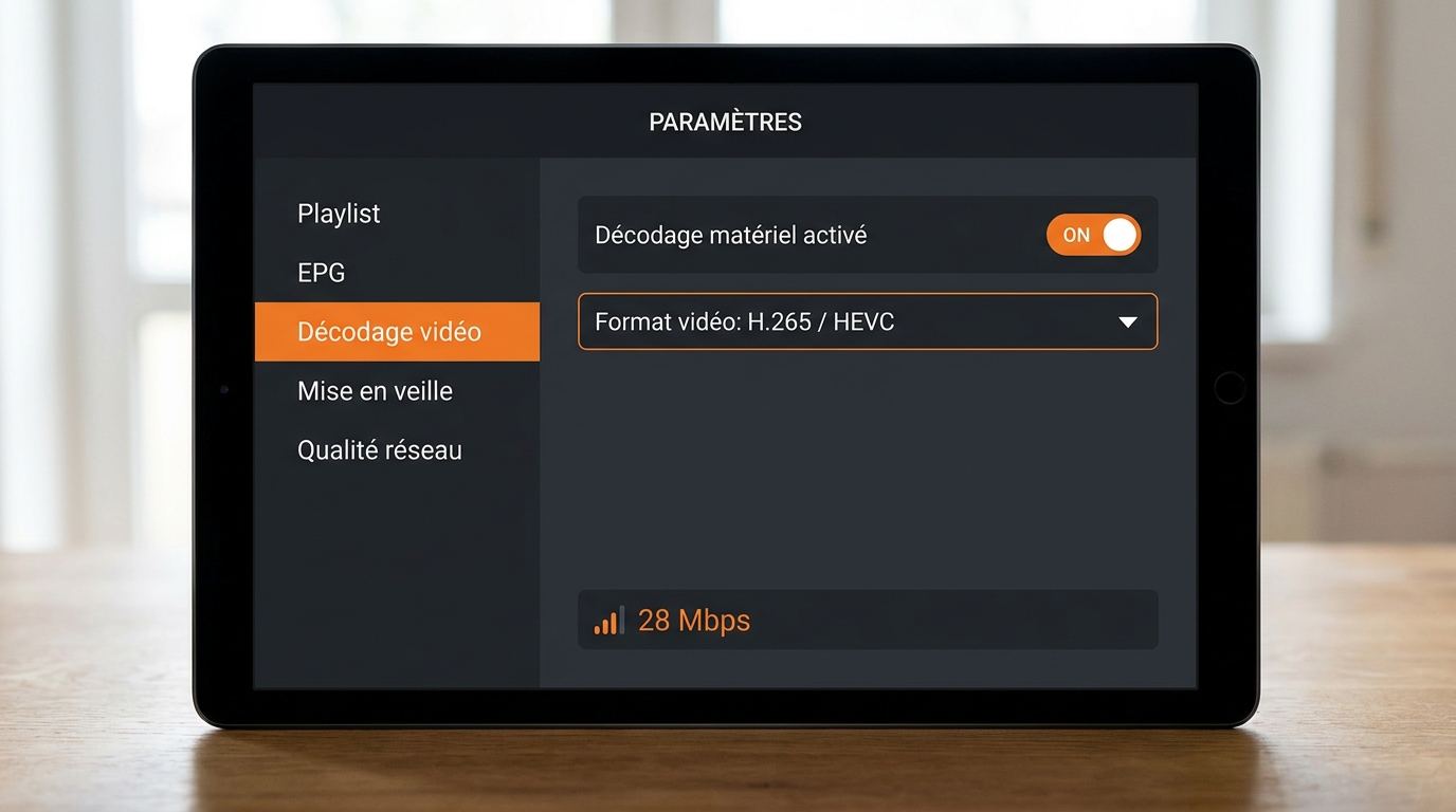 Écran de paramètres de la meilleure application iptv montrant le décodage matériel H.265 et les options réseau