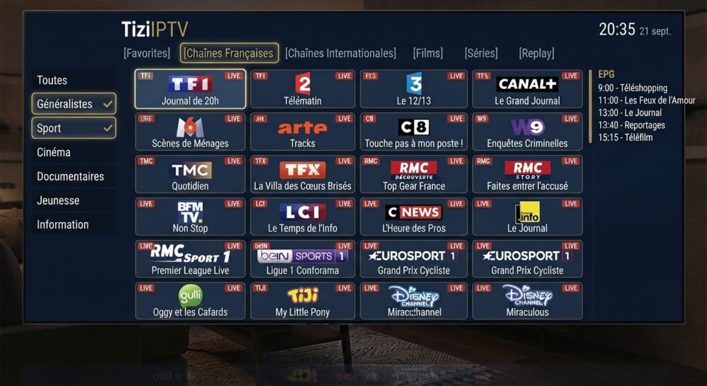 capture d'écran de l'interface tiziptv affichant le catalogue de chaînes françaises.